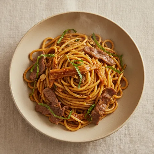 熟成キムチとエゴマ油のパスタ