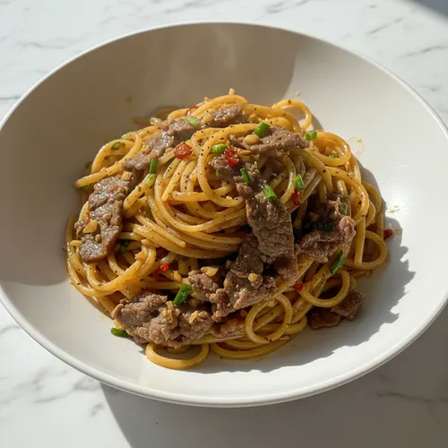 牛バラ薄切り肉のパスタ