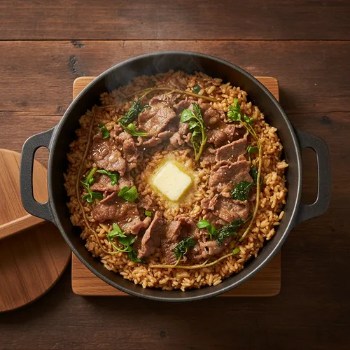 牛バラ薄切り肉となずなの釜飯