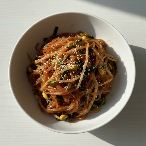 ご飯の上にのせて混ぜれば！豆もやしチャプチェだけでご飯2杯は軽い！