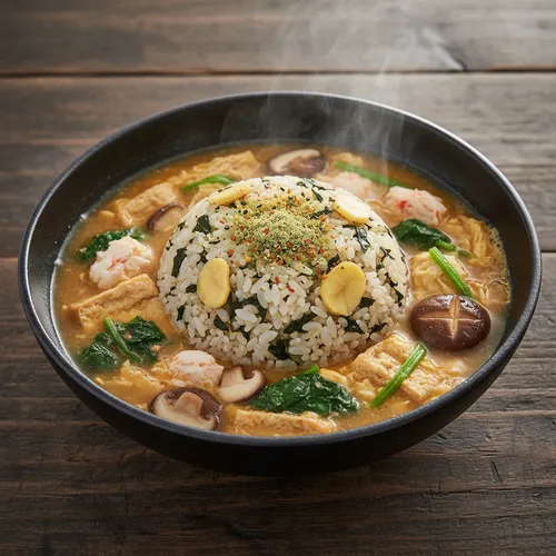 玉露茶葉と栗の釜飯＆カニ肉ワカメスープ