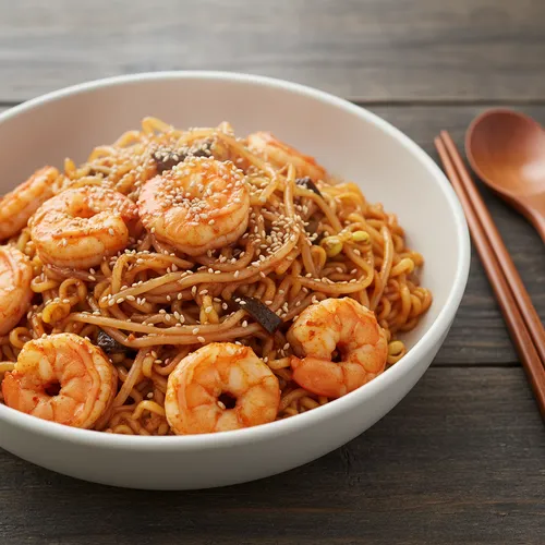 サリゴムタンラーメンで作る超簡単エビともやしの蒸し炒め