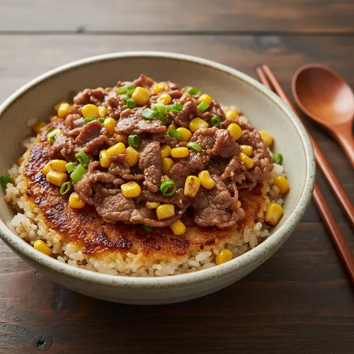 牛肉とコーンの鍋巴ご飯