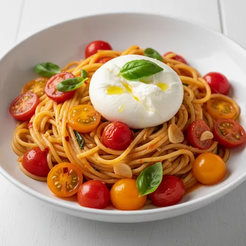 ブラータチーズを添えたクリーミーな3色ミニトマトパスタ