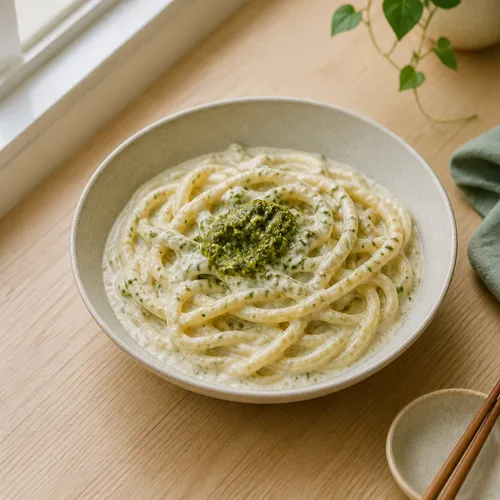生クリームなしで作るおぼろ豆腐バジルクリームうどん