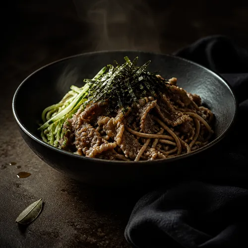 牛バラ薄切り肉とメンマドゥユ麺のビビン麺