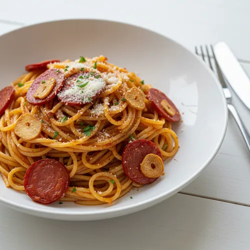 スパイシーで塩気の効いたチョリソオイルパスタ