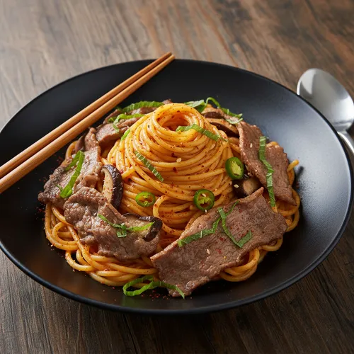 牛バラ薄切り肉とえごまの葉のクリームパスタ