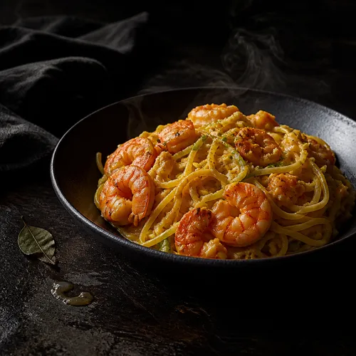 炭火燻製エビと卵のパスタ