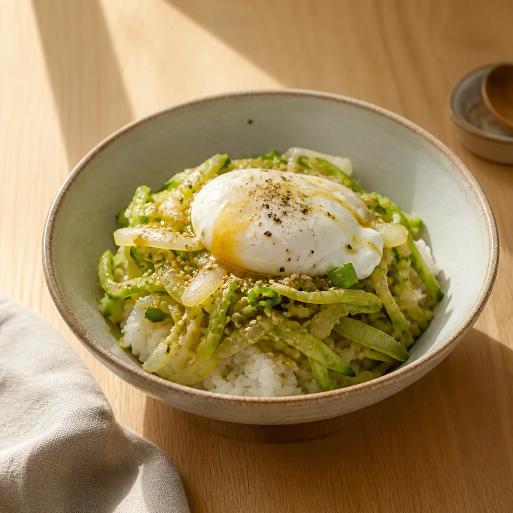 韓国かぼちゃ炒めと温泉卵のっけご飯