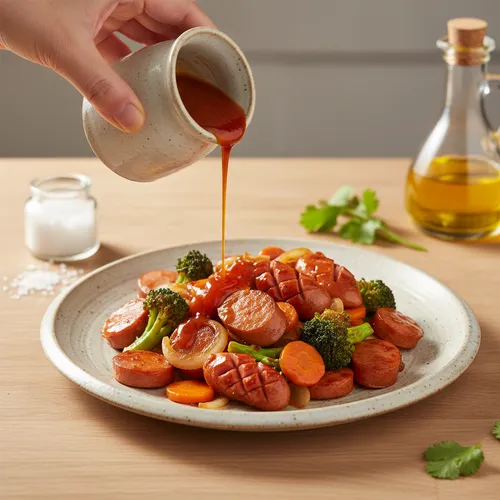 ブルダックソースで作るピリ辛ソーセージ野菜炒め