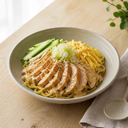 鶏むね肉のごまソース中華冷麺（ヒヤシンチュカ）