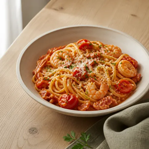完熟トマトとエビのパスタ