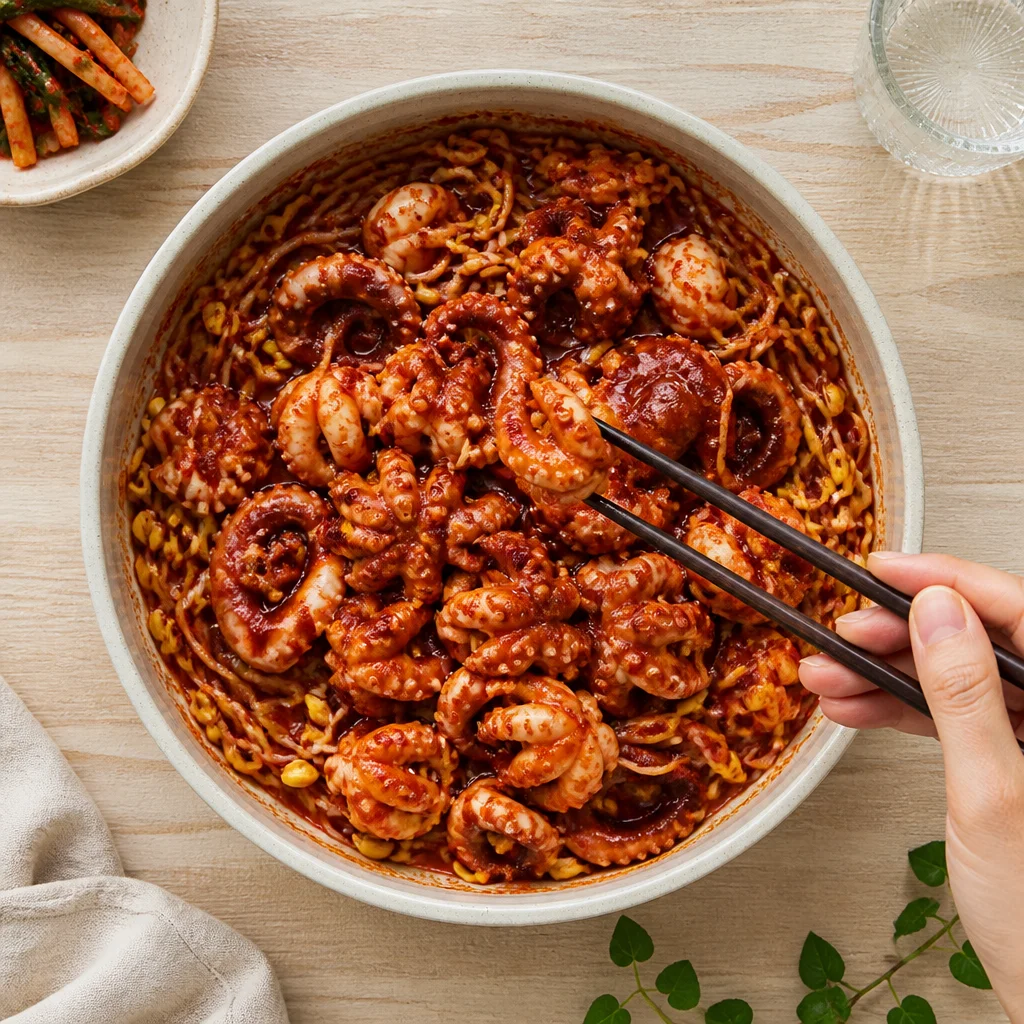 水なしで作るテナガダコと大豆もやしの蒸し煮