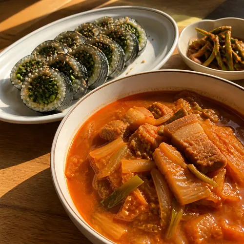 旬のニンニクの芽キムパと豚キムチチゲ