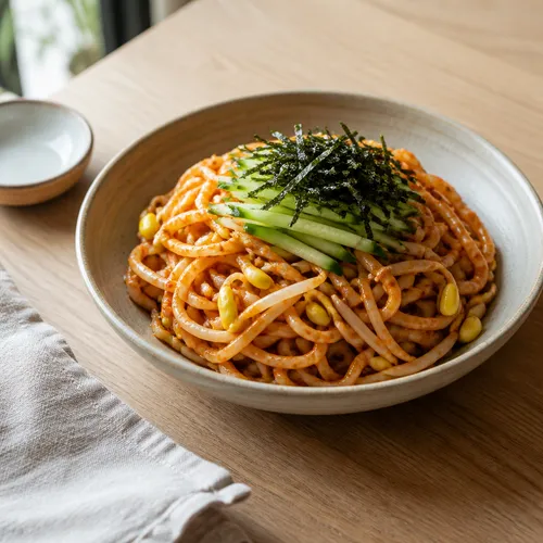 ピリ辛甘酢のシャキシャキ大豆もやしビビンうどん