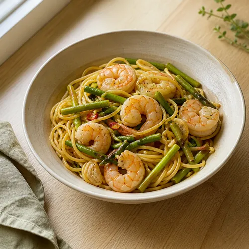 マヌルジョン（にんにくの茎）とえびのパスタ