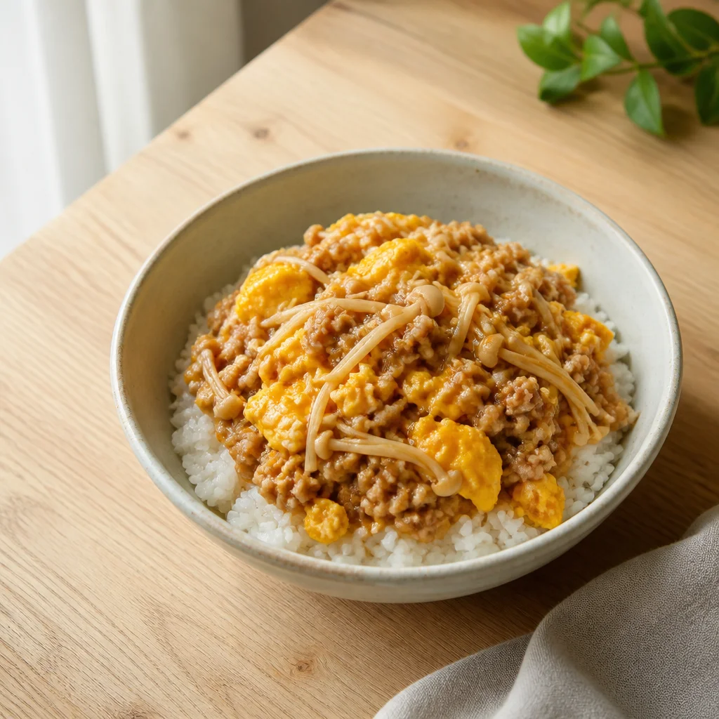 えのきとそぼろのてりたま丼
