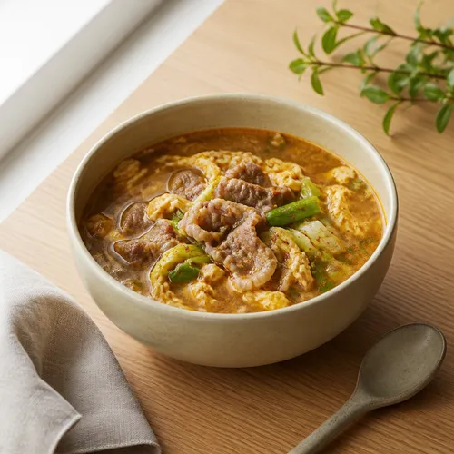牛バラ薄切り肉と長ねぎのスープご飯