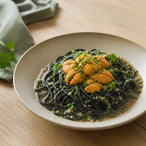 1万皿販売神話!味噌で風味を引き立てたウニのイカスミパスタ